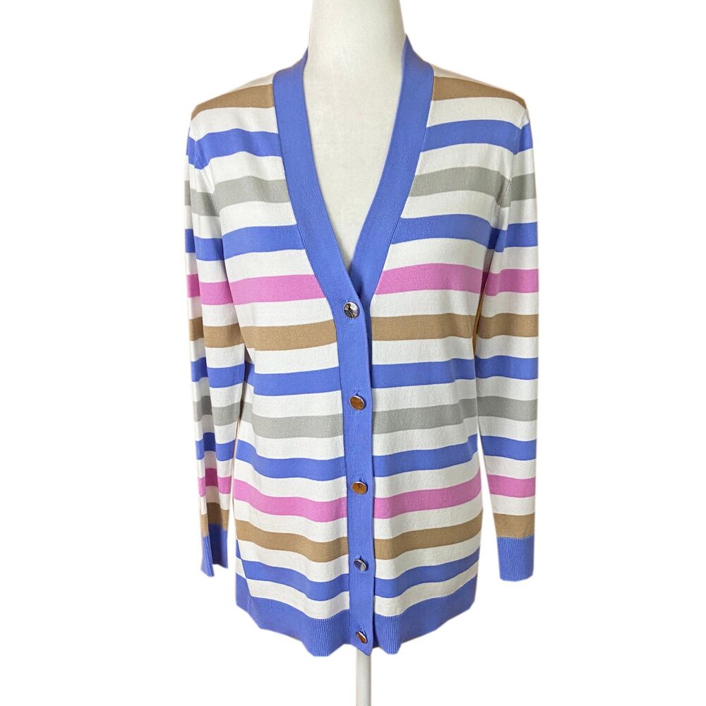 Jones New York Cotton Blend Cardigan Size XS Amparo Blue Combo Stripes